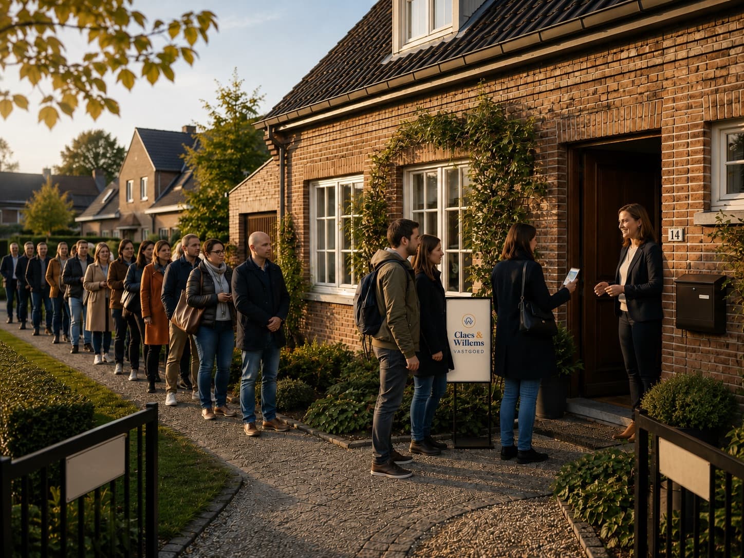Bezichtiging huurwoning met begeleiding van Claes & Willems Kandidaat-huurders wachten in de rij voor een bezichtiging, terwijl een makelaar van Claes & Willems hen aan de deur verwelkomt